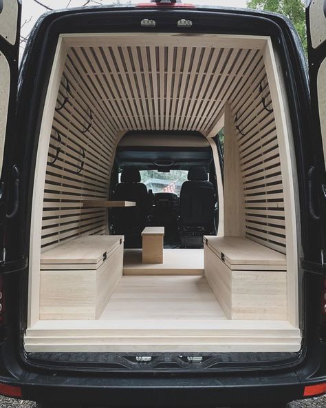 Camper Murphy Bed Diy, Camper Van Wall Ideas, Vanlife Clothes Storage, Minimal Van Conversion, Panel Van Conversion, Japanese Van Conversion, Modern Van Interior, 144 Sprinter Van Conversion, Small Van Conversion Ideas Layout