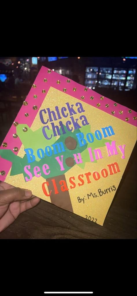 Chicka Chicka Boom Boom inspired graduation cap. For future teachers Early Childhood Education Cap Ideas, Graduation Cap Designs For Future Teachers, Early Education Graduation Cap, Elementary Ed Graduation Cap, Grad Cap Ideas Teacher, Graduation Cap Designs College Teacher, Teacher Cap Ideas, Graduation Cap Designs Education Major, Elementary Education Graduation Pictures