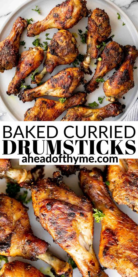 Baked curried chicken drumsticks are an easy to make dinner with quick prep and minimal dishes. These drumsticks are tender, delicious, and packed with so much flavour from its delicious marinade made of yellow curry powder, Worcestershire sauce, balsamic vinegar, garlic, and paprika. #Chicken #Drumsticks #Bakedchicken What To Do With Drumsticks, Minimal Dishes, Baked Curry Chicken, Yellow Curry Powder, Jamaican Recipe, Black Color Hairstyles, Balsamic Vinegar Chicken, Baked Chicken Drumsticks, Curried Chicken