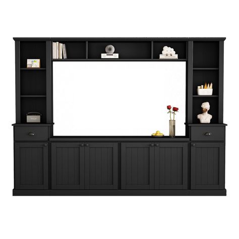 PRICES MAY VARY. Particle Board This large TV stand set features clean and modern lines that create an elegant and contemporary aesthetic. The height of the overhead bridge can be decided by yourself. It can be locked with the left and right cabinets to maintain the same height, or installed on the wall separately to obtain a different height from the left and right cabinets. This set of entertainment wall units includes a right pier, left pier, overhead bridge, and TV console. It integrates the Tv Stand Set, Large Tv Stands, Entertainment Wall Units, Space Tv, Modern Tv Wall Units, Black Tv Stand, Media Console Table, Modern Tv Wall, Tv Shelf