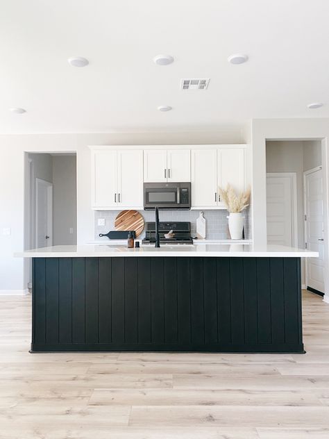 Black island shiplap, all shiplap from Lowes. Paint: Sherwin Williams “Tricorn Black” Diy Shiplap Island Kitchen, Black Beadboard Island, Island Shiplap Kitchen, Black Board And Batten Kitchen Island, Black Shiplap Bar, Vertical Shiplap Kitchen Island, Shiplap Under Bar Counter, Black Shiplap Kitchen, Black Shiplap Island