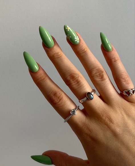 Green Almond Nails With Flowers, Light Green Nails With Pink Flowers, Spring Nails Full Color, Sage Green Almond Nails With Flowers, Mail Ideas Spring, Sage Green Easter Nails, Purple And Green Nails Acrylic Pastel, Pastel Green Nails With Flowers, Pastel Yellow And Green Nails