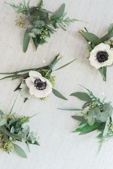 Anemone Boutonniere, Flowers, Simple Boutonniere, Greenery Made by: RLM Affairs Simple Green And White Boutonniere, Simple Anemone Bouquet, Wedding Bouquet Ranunculus Peonies, White Wildflower Boutonniere, Anemone Boutineer, Modern Boutineer Ideas, Anemone Buttonhole, Simple Boutonniere Groomsmen, Boutinere Ideas Groomsmen