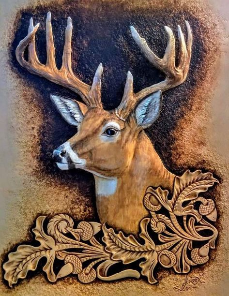 Deer Leather Tooling Pattern, Deer Artwork, Custom Leather Work, Leather Artist, Dremel Carving, Custom Leather Belts, Leather Working Patterns, Hunting Design, Leather Tooling Patterns