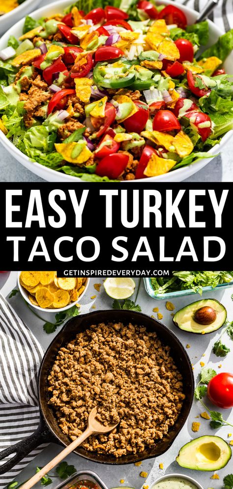 Easy to make and packed with protein and veggies, this Turkey Taco Salad is a meal the whole family will love. It’s gluten-free and can be dairy-free and paleo as well. Crunchy romaine is topped with juicy tomatoes, fresh cilantro, and onion and it all comes together with lean turkey taco meat and a creamy cilantro dressing. From there we’ll add some crunchy plantain or corn chips plus some extra goodies that take this salad right over the top. Dairy Free Dressing, Creamy Cilantro Dressing, Turkey Taco Salad, Turkey Taco, Cilantro Dressing, Taco Salads, Cilantro Lime Dressing, Turkey Tacos, Salad Meal Prep