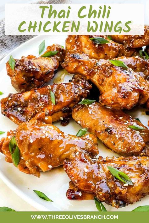 Thai Chicken Wings are an easy and fast homemade chicken wings recipe. A great game day tailgate snack or appetizer with a sweet and spicy Asian sticky sauce. Make in air fryer, oven, or grill. Thai Wings, Thai Chicken Wings, Thai Chicken Wings Recipe, Chicken Wings Recipe, Homemade Chicken Wings, Fried Chicken Burger, Italian Recipes Appetizers, Quick Chicken Dinner, Delicious Chicken Salad