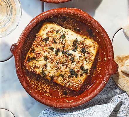 Baked feta with sesame & honey Fresh Olives, Pitta Bread, Baked Feta, Bbc Good Food, Honey Recipes, Bbc Good Food Recipes, Food Shows, Food Magazine, Vegetarian Cheese