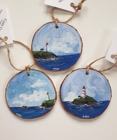 Lighthouse Island, Round Artwork, Handpainted Christmas Ornaments, Wooden Artwork, Butterfly Art Painting, Watercolour Texture Background, Keychain Craft, Lighthouse Painting, Wood Slice Art