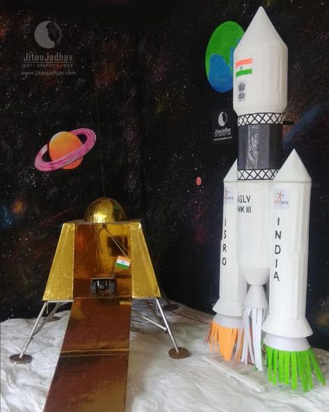 Chandrayaan 2 Model For School Projects & Ganpati Decoration - JitooJadhav Chandrayan 3 Theme Decoration, Ganpati Decoration Chandrayan, Chandrayan Decoration Ideas, Chandrayan 3 Decoration Ideas, Chandrayan Model For School, Chandrayan Theme Decoration, Chandrayan 3 Craft Model, Chandrayan 3 Decoration, Chandrayan 3 Rocket Model