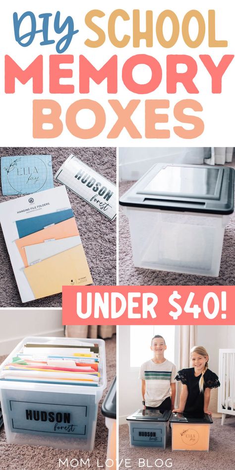 Easy DIY school memory boxes. School Picture Keepsake Ideas, School Work Memory Boxes, Diy School Memory Box Ideas, Storage For Kids School Work, Kids School Memory Box Ideas, Memory File Box For Kids, School Keepsake Organization, School Years Memory Keeper, Picture Storage Ideas Organizing