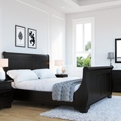 Sleigh Bed Bedroom Ideas, Black Sleigh Beds, Bedroom Ideas Color Schemes, Sleigh Bed Makeover, Bedroom Ideas Color, Bed Bedroom Ideas, Wood Sleigh Bed, Contemporary Platform Bed, King Sleigh Bed