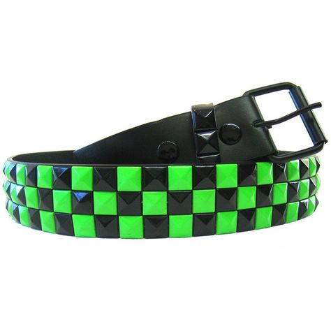 Pyramid Belt Black & Neon Green - Alternative, Gothic, Emo Clothing (13 AUD) ❤ liked on Polyvore featuring accessories, belts, green belt, pyramid belt and neon green belt Neon Green Aesthetic Clothes, Scene Belt, Neon Green Outfits, Scene Green, Belt Ideas, Neon Accessories, Emo Clothing, Scene Accessories, Black Pyramid