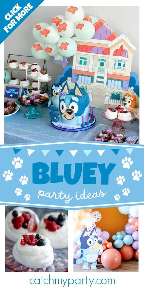 Check out this fun Bluey birthday party! The cake is incredible! See more party ideas and share yours at CatchMyParty.com Bluey Charcuterie Board, Bluey Birthday Party Ideas Cake, Bluey Themed Snacks, Bluey Recipes, Bluey Desserts, Bluey Birthday Party Food Ideas, Bluey Party Food Ideas, Bluey Birthday Party Ideas Food, Bluey Birthday Party Ideas Diy