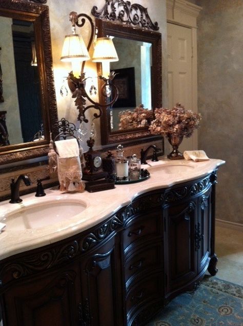 downstairs Guest bath Tuscan House Decor, Tuscan Bathroom, Double Sinks, Bathroom Cabinetry, Tuscan Design, Tuscan House, Vintage Bath, World Decor, Tuscan Decorating