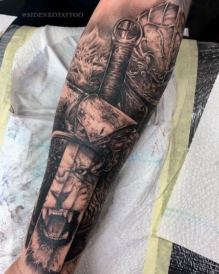 Operator Tattoo, Warrior Tattoos For Men, Calf Sleeve Tattoo Men, Sleeve Tattoo Men, Mens Forearm Tattoos, Calf Sleeve Tattoo, Warrior Tattoo Sleeve, Gladiator Tattoo, Half Sleeve Tattoos Forearm