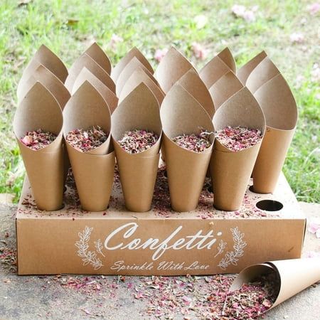 Description: This product is made of high quality kraft paper with a premium texture, comfortable to touch, hard-wearing and durable. It includes a 24-hole kraft tray and 30 sheets of kraft paper that you can assemble by yourself. Confetti tubes are versatile and perfect for filling with petals, lavender, confetti, small bouquets of flowers, sweets and other small gifts. The confetti box trays are great for decorations such as weddings, holiday parties, birthday parties, etc. It is constructed o Reusable Wedding Decor, Confetti Cone Holder, Rustic Romance Wedding, Confetti Cones, Flower Confetti, Petal Confetti, Rustic Romance, Paper Confetti, Small Bouquet