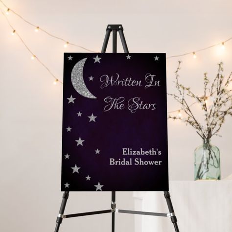 Written in the stars bridal shower. Silver moon and stars against a dark midnight purple background #ad To The Moon And Back Bridal Shower Ideas, Written In The Stars Bridal Shower Theme, Bridal Shower Quotes, Midnight Summer Dream, Magic Wedding, Midnight Purple, Shower Foam, Written In The Stars, In The Stars