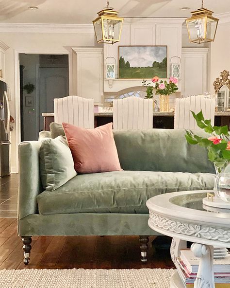 Light Green Sofa Decor, Best Family Sofa Living Rooms, Vintage Style Sofa, Seafoam Green Couch Living Room Ideas, French Blue Velvet Sofa, Cottage Home Decor Living Room, Living Room With Green Velvet Sofa, Velvet Lounge Room, Arhaus Furniture Living Rooms