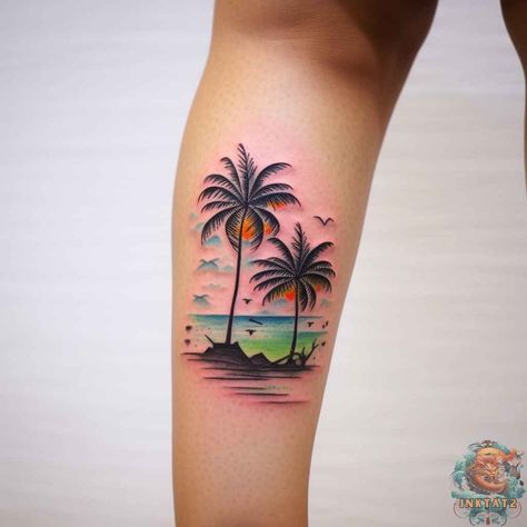 Unleashing the Tropical Vibe: The Beauty and Symbolism of Palm Tree Tattoos: 52 Designs - inktat2.com Palm Tree Water Tattoo, Wave With Palm Tree Tattoo, Palm Tree Flamingo Tattoo, Palm Tree Ocean Tattoo, Tropical Tattoos For Women, Seaside Tattoo, Beach Tattoos For Women, Keys Tattoo, Smaller Tattoos