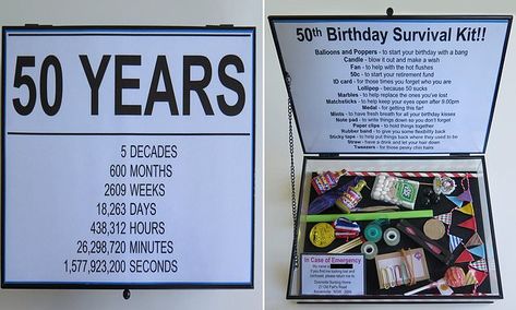 Woman gifts her friend a 'survival kit' for her 50th birthday complete with 'lost' marbles 50th Birthday Survival Kit, Birthday Survival Kit, 50th Birthday Presents, Moms 50th Birthday, 50th Birthday Party Decorations, 50th Birthday Decorations, 50th Birthday Funny, Clever Gift, Cadeau Diy