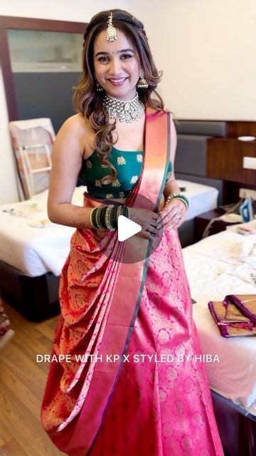 Hair Styles On Sarees Wedding, Saree With Kurti Style Blouse, Wedding Guest Saree Ideas, Hairstyles On Silk Saree, Different Silk Saree Draping Styles, Latest Drape Saree Designs, Hairstyle With Silk Saree, Hair Styles For Sarees Indian Wedding, Double Pallu Saree Drape