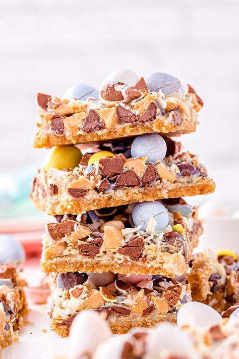 Easter Magic Cookie Bars | 7 Layer Bars - Mom On Timeout Easter Snack Mix, Magic Cookies, Easy Drop Biscuits, Magic Bars Recipe, Magic Cookie Bar Recipe, 7 Layer Bars, Easter Magic, Recipes Easter, Mom On Timeout