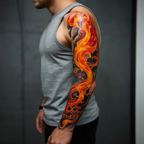 Ignite your inspiration with our stunning collection of fire tattoos! From blazing arm sleeves to subtle flickering accents, each tattoo is a masterpiece of vibrant oranges, deep reds, and glowing yellows. Perfect for those looking to express passion, transformation, or resilience through art. Dive into our fiery designs and find the perfect match to light up your tattoo journey! Realistic Fire Tattoo, Fire Sleeve Tattoo, Water Tattoo Sleeve, Water Tattoo, Fire Tattoo, Tattoo Sleeve Men, Arm Sleeve, Vibrant Orange, Arm Tattoo