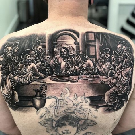 The Last Supper Tattoo, Last Supper Art, Heaven Tattoos, Medieval Tattoo, Buddha Tattoo Design, Hippie Posters, Back Of Neck Tattoo, Skeleton Tattoos, Chicano Art Tattoos