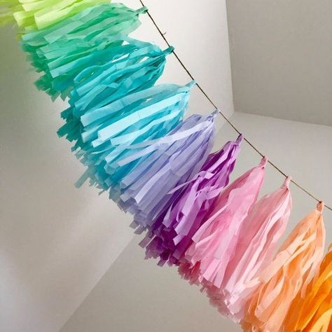 Pastel Decorations Party, Tissue Paper Letters, Rainbow Decorations Party, Pastel Birthday Decorations, Candy Party Decorations, Homemade Birthday Decorations, Pastel Party Decorations, Rainbow Tassel Garland, Tissue Paper Decorations