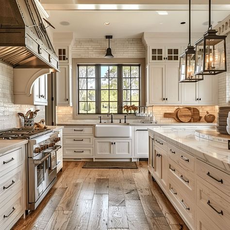 Rustic Kitchen Cream Cabinets, Rustic Modern Farmhouse Kitchen Ideas, Modern Kitchen Design Farmhouse, White Kitchen Cabinets Rustic, White Counters White Cabinets, Beige Walls White Cabinets, Modern Farm Style Kitchen, Off White Kitchen Ideas, Kitchen Backsplash With Cream Cabinets