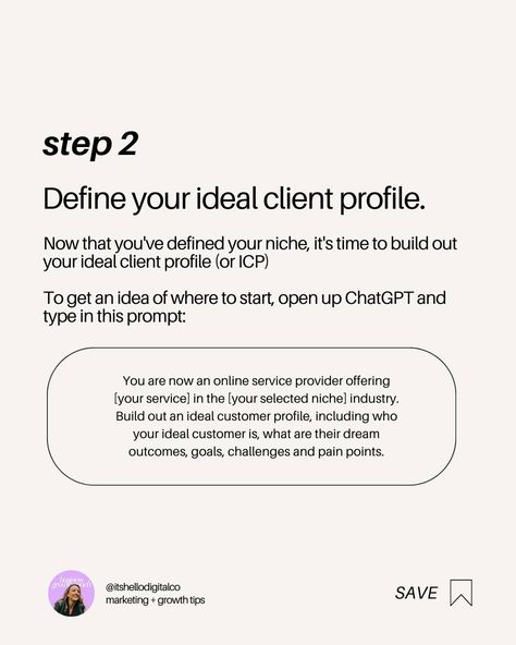 HERE’S HOW TO DO IT 👇 ㅤ First up 👉 like, save, comment on this post! 📌 ㅤ Are you ready to start landing more clients as an OSP or Freelancers? ㅤ If you're screaming YES PLEASE - you need to start here ⬇️ ㅤ �1️⃣ Identify your profitable niche ㅤ �2️⃣ Define your ideal client profile (aka your ICP) ㅤ �3️⃣ Open up ChatGPT to help you do it and copy/paste the following prompt: ㅤ "you are now an online service provider offering [your service] in the [your selected niche] industry. Build out an idea... Ideal Client Profile, Client Profile, Yes Please, Ideal Customer, Customer Engagement, Ideal Client, Target Audience, Business Growth, Online Business