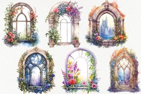 Watercolor Fantasy Window Clipart Window Digital Art Tutorial, Fantasy Window Art, Window Concept Art, Fantasy Window, Fairy Garden Digital Art, Magic Window, Window Clipart, Attic Studio, Decoupage Ideas