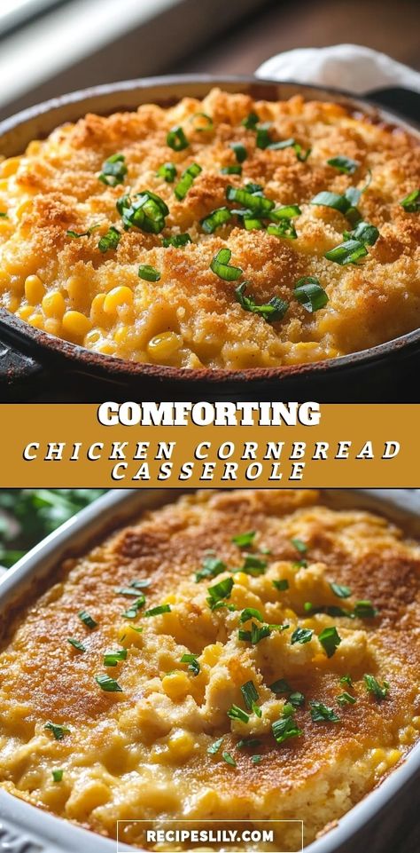 Indulge in the ultimate comfort food with this Chicken Cornbread Casserole! Packed with savory chicken, sweet corn, and a buttery cornbread topping, this dish is sure to become a family favorite. Perfect for weeknight dinners or potlucks, it's simple to prepare and full of flavor. Serve it up as a hearty meal, and watch everyone come back for seconds. Dive into the cozy goodness and bring warmth to your table with every bite! Cornbread Cheesy Chicken Casserole, Chicken With Cornbread, Cornbread Recipes Casserole, Corn Casserole With Peppers, Broccoli Cornbread Casserole, Honey Cornbread Casserole, Cowboy Corn Casserole, Casseroles With Cornbread, Cornbread Topped Casserole