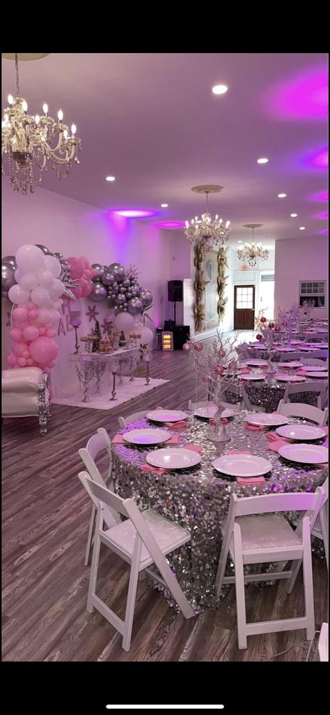 Decor For Sweet 16 Party, Black White Silver Pink Party, Birthday Party Venues Pink, Sparkly Sweet 16 Party Ideas, Pink Sliver White Party, 18th Birthday Set Up Ideas, Big Pink Birthday Party, Pink Venue Party, Mini Sweet 16 Party