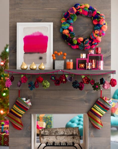 Holiday DIY: A Festive Pom-Pom Wreath | Fresh American Style Mexican Mantle Decor, Pom Wreath, Boho Christmas Decor, Retro Christmas Decorations, Bohemian Christmas, Pom Pom Wreath, Mexican Christmas, Holiday Crafts Diy, Rainbows Christmas