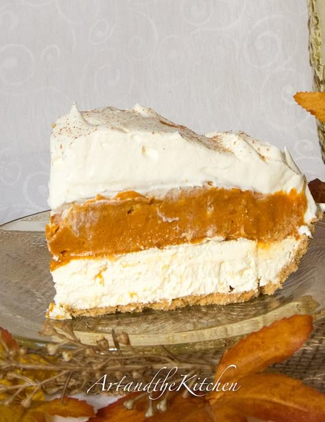 No Bake Triple Layer Pumpkin Pie - this pie recipe is the one most requested by family and friends! No Bake Pumpkin Pie, Pumpkin Pie Recipes, Fall Food, Think Food, Thanksgiving Feast, Pumpkin Dessert, Baked Pumpkin, Pie Dessert, Yummy Sweets