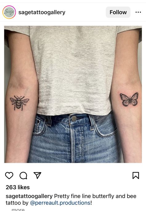 Bee Tattoo Knee, Butterfly Bee Tattoo, Butterfly And Bee Tattoo, Bee And Butterfly Tattoo, American Traditional Butterfly, Bday Tattoo, Traditional Ship Tattoo, Monarch Butterfly Tattoo, Raccoon Tattoo