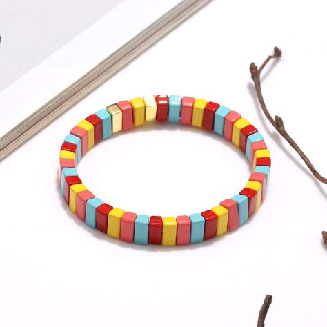 Playful Multicolor Beaded Bangle Bracelets, Rainbow Bangle Jewelry With Colorful Beads, Playful Multicolor Stackable Bracelets, Multicolor Enamel Bangle Bracelets, Multicolor Beaded Bangle Wristband, Rainbow Tile, Strand Bracelet, Beaded Stretch Bracelet, Jewelry Packaging