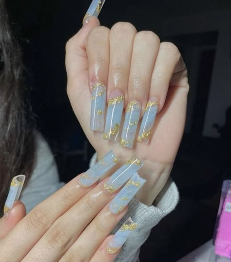 Light Blue Marble Nails With Gold Flakes, Gold Leaf Nails, Vibrant Nail Designs, Mc Nails, Leaf Nails, Summer Vacation Nails, Marble Acrylic Nails, Gold Acrylic Nails, Blue Acrylic Nails