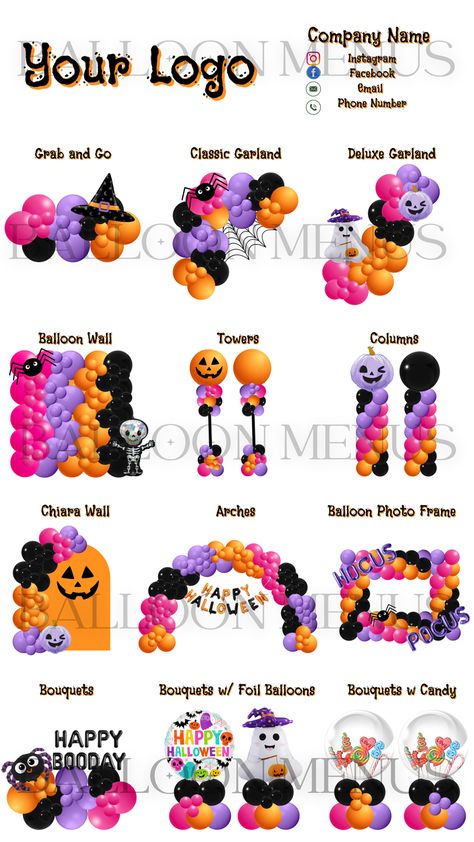 Seasonal Editable Balloon Menus (For Sale) Halloween Balloon Backdrop, Globos Halloween, Halloween Balloon Arch, Halloween Balloons Decorations, Balloon Halloween, Balloon Business, Fiesta Halloween, Balloon Template, Balloon Prices