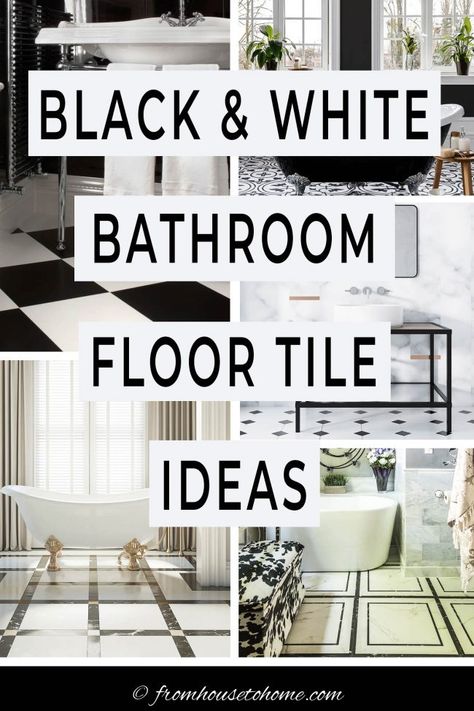 Bathrooms With Black And White Tile, White And Black Floor Tile Bathroom, Black White Bathroom Floor, Black And White Tile Bathroom Vintage, White Bathroom Floor Tile Ideas, White Bathroom Floor Tile, Vintage Black And White Bathroom, Black And White Floor Tile, Black And White Floors