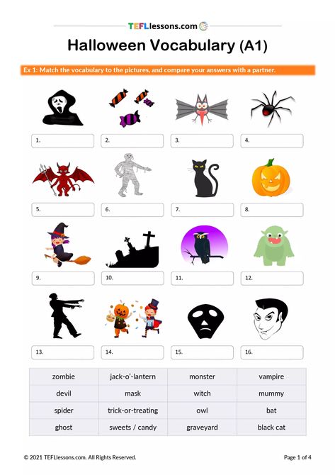 Halloween vocabulary for A1 level/ ESL classes Esl Halloween Worksheets, Halloween Esl, Halloween Vocabulary, Conversation Questions, Teaching Esl, Halloween Worksheets, Image Halloween, Esl Lesson Plans, Esl Activities