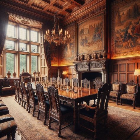 English Manor Dining Room, Old English Manor Interior, Old Manor Interior, Stately Homes Interior, Parsons Manor, Manor Dining Room, English Manor Interior, Mansion Dining Room, Paneled Windows