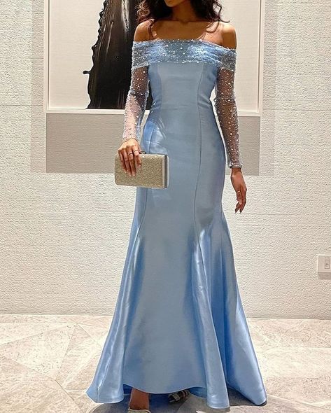 Prom Gown Elegant, Powder Blue Gown, Off The Shoulder Prom Dress, Prom Dress With Sleeves, Crystal Prom Dress, Modest Evening Dress, Strapless Evening Gowns, Satin Evening Dresses, Evening Dress Floor Length