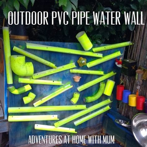 Adventures at home with Mum: Outdoor PVC Pipe Water Wall.  Want to do this on the Gbug playgound.  Water in the summer, ball drop other times. Outdoor Play Space, Outdoor Play Spaces, Pvc Pipe Projects, Pvc Projects, Water Wall, Kids Outdoor Play, Pvc Pipes, Outdoor Classroom, Backyard Play