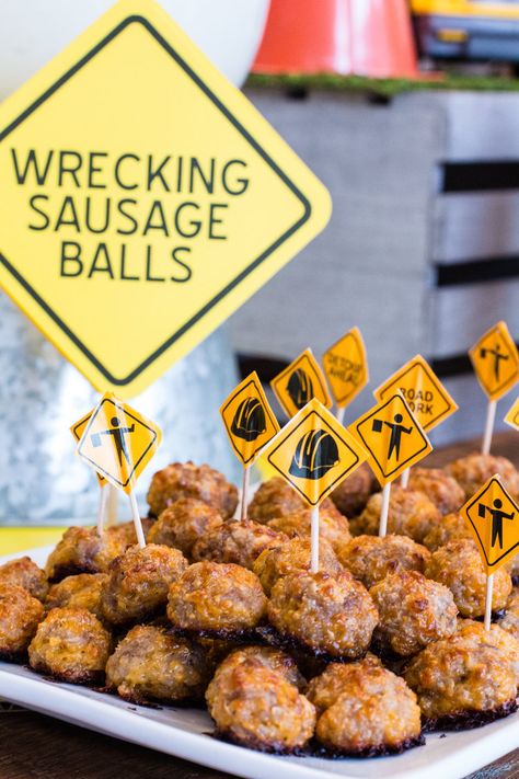 Construction Themed Appetizers, Dig In Birthday Party, Construction Truck Party Games, Construction Brunch Party, Food Ideas For Construction Birthday, Construction Party Snack Ideas, Construction Birthday Party Brunch, Wrecking Ball Birthday Party, Construction Birthday Table Decor