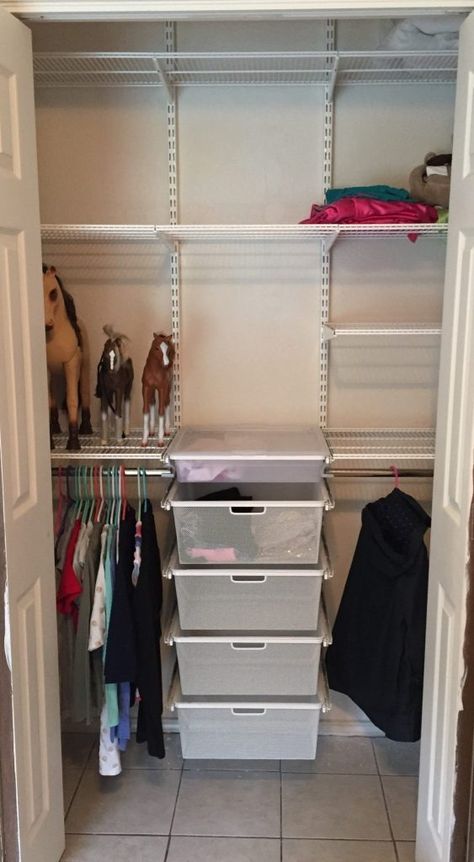 A Jones For Organizing | A Simple Reach-In Closet, Improved With Adjustable Elfa Shelving and Drawers - A Jones For Organizing Organization Clothes, Closet Redesign, Elfa Closet, Elfa Shelving, Pin Crafts, Reach In Closet, Closet Drawers, Dog Store, Clothes Pin Crafts