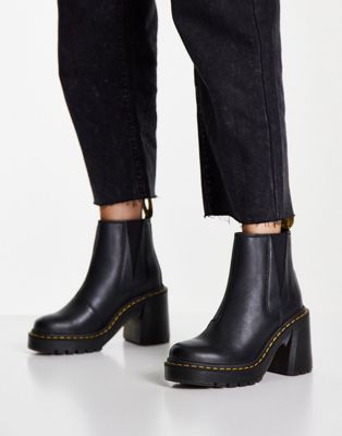 Dr Martens Spence heeled ankle boots in black | ASOS Dr Martens High Heels, Platform Chelsea Boots, Heeled Chelsea Boots, High Heels Boots, Dr Martens Black, Winter Party Dress, Black Long Sleeve Dress, Jumpsuit Shorts Rompers, Chunky Boots