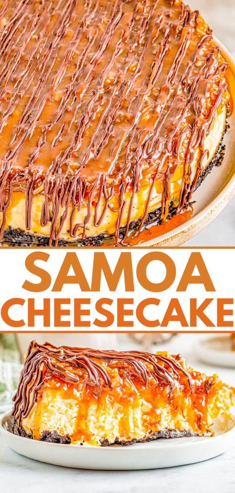 Samoas Cookies Recipe, Samoas Cookies, Samoa Cheesecake, Caramel Apple Cheesecake Bars, Samoa Cookies, Chocolate Ideas, Caramel Apple Cheesecake, Easy Dessert Recipe, Homemade Cheesecake