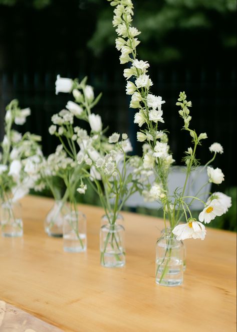 Mini Vases With Flowers Centerpiece, Greenery Bud Vases, Bud Vases Centerpiece, Wildflower Bud Vases, Wedding Bud Vases, Wildflower Florals, White Bud Vases, Botleys Mansion, White Wild Flowers